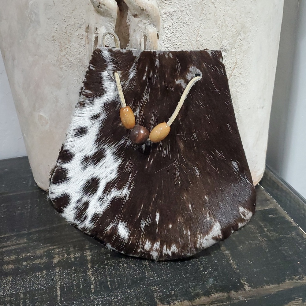 NWOT Brown and White Leather Hair On Hide Medicine Bag Bead Detail Mohawk Native